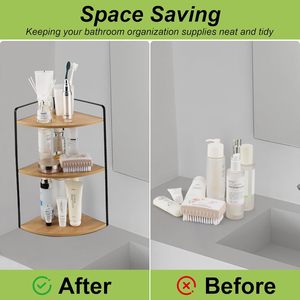 Wooden <b>Corner</b> <b>Shelf</b> 3 Tier With Metal Frame For Kitchen Storage Countertop Organizer Modern Minimalist Design - Product Image 4