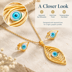 Ensemble de bijoux délicats et chics pour femmes, motif œil bleu, avec pendentif œil bleu ajouré distinctif et œil assorti, vente en gros - Product Image 3