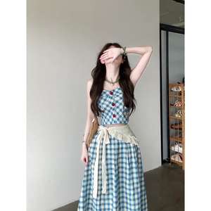 เสื้อสายเดี่ยวลายสก๊อตสไตล์ฝรั่งเศสพร้อมกระโปรงเข้าชุด ชุดลำลองผ้าออกซ์ฟอร์ดระบายอากาศได้ดีสำหรับผู้หญิง ชุดสองชิ้น - Product Image 5