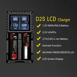 D2s 2 स्लॉट स्मार्ट बैटरी चार्जर ni-cr/ni-mh/लिथियम आयन/लाइफपॉ4 बैटरी चार्जर, 26650 21700 18650 के लिए