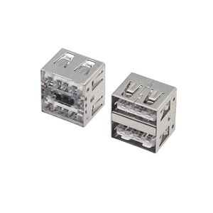 Prise USB 2.0 Type-A femelle, montage vertical double-étage à travers trou, corps court sans rebord, isolateur transparent - Product Image 1