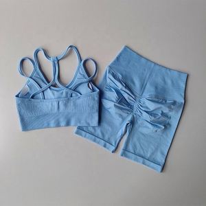 Nuevo Conjunto Deportivo de Yoga para Gimnasio sin Costuras para Mujer, Ropa de Entrenamiento y Fitness, Sujetador Deportivo y Shorts con Fruncido Realza Glúteos - Product Image 4