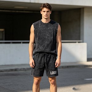 men's <b>sets</b> Custom Logo Men's Black Casual Vintage Washed T-Shirt And Ripped Shorts <b>Set</b> Casual Summer Wear <b>Set</b> for Men - Product Image 3