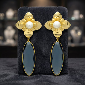 Nouvelles boucles d'oreilles ethniques plaquées or avec pierre précieuse en calcédoine bleue pour mariage, fête, fiançailles et cadeau - Product Image 3