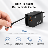 Adaptateur de voyage QC3.0 fournisseur universel 65W chargeur mural rapide EU/US avec câble rétractable de type C adaptateurs A & C 65W