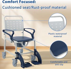 4-in-1 Rolling <strong>Shower</strong> <strong>Chair</strong> with Safety Locking Wheels &amp; Padded Seat <strong>for</strong> <strong>Elderly</strong> &amp; Disabled Seniors Bathroom Use Blue - Product Image 5