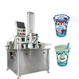 Kullanımı kolay otomatik bir iki Milkshake fincan dolum ve sızdırmazlık makinesi yoğurt süt kupası döner dolum makinesi