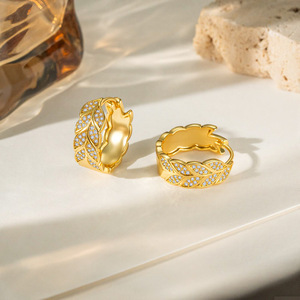 <b>Hoop</b> Earrings Gold Plated Zircon Leaf Design Round Shape Everyday Wear Party Jewelry EKA-038 - Product Image 2