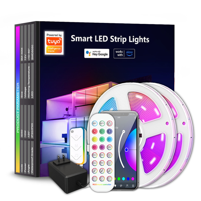Tuya Smart Wifi Led Light Strings 5m/10m Rgb Waterproof 5050 Ip20 Alexa Google Home App Controlled Dimmable Christmas Indoor