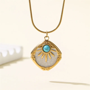 Black Geometric Square Turquoise Pendant <b>Necklace</b> With Snake Bone Clavicle Chain Women Jewelry Sunlight Oil Drop Effect - Product Image 1