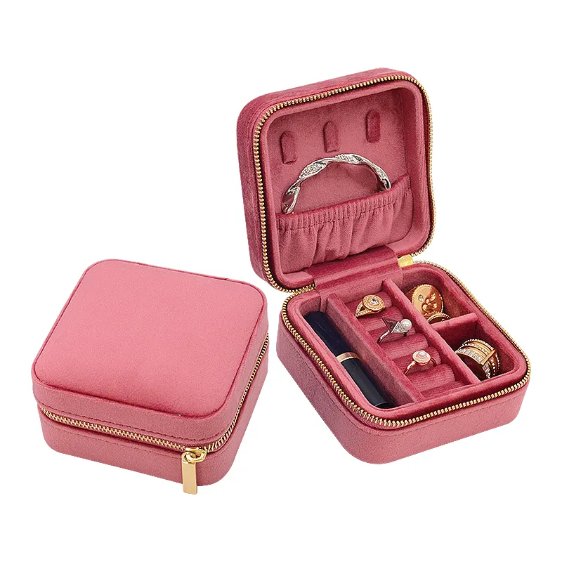 Necklace Box Supplier Portable Zipper Necklace Box Travel Velvet Ring Earrings Jewelry Storage Box With Mirror