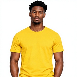 <b>Men's</b> Yellow Cotton T-Shirt Short Sleeve O-Neck Regular Fit Casual Solid Color Jersey Knit Blank Design - Product Image 1