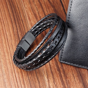 Luxury Custom Stainless Steel Leather Bracelet Multi Layer Men <b>Black</b> <b>Wrap</b> Leather Bracelet - Product Image 5