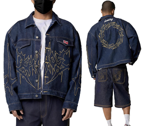 Veste en jean foncé pour homme, coupe ample, style streetwear, avec broderie dorée motif flamme - Product Image 1
