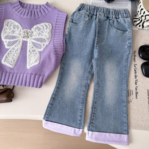 <span class=keywords><strong>Nouvelle</strong></span> <span class=keywords><strong>collection</strong></span> d'automne, gilet en tricot rétro décontracté à nœud pour filles, ensemble chemise en jean unie de style coréen, <span class=keywords><strong>haut</strong></span> et jean - Product Image 4