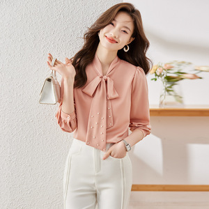 <b>Pink</b> Pearl Bow Blouse Women Long Sleeve Chiffon Top For Commuting Solid Color Polyester Shirt With Tie Neck Design - Product Image 4