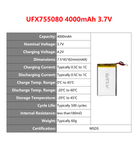 Batterie LiPo Ion UFX 755080 3.7V 4000mAh en gros, cellules de batterie polymère au lithium OEM pour produits électroniques