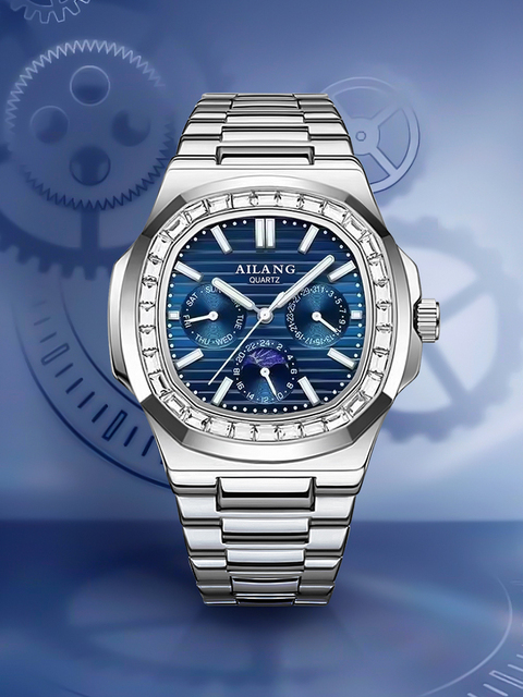 AILANG Luxury Diamond Quartz Analog Watch Men Stainless Steel Waterproof Week Calendar Moon Phase Multifunction Fashion Watches