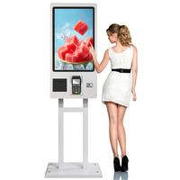 Kiosco de autoservicio para restaurantes con pantalla de 21.5, 23.8, 27 y 32 pulgadas, con soporte de pie, sistema Android/Windows, impresora, escáner y NFC.
