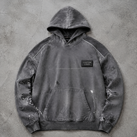 Sweat à capuche personnalisé pour homme, effet délavé, avec poche kangourou, trous usés et effet peinture, style streetwear, OEM ODM