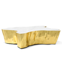 Table basse d'appoint Luxe Arbre de Vie en métal moulé avec plateau en marbre naturel et base plaquée or pour salons élégants