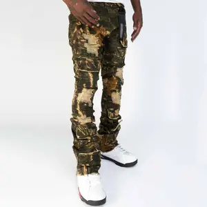 Custom Logo Camo Denim Broek Camouflage Gekleurde Cargo Pocket Jeans Mannen Custom Gestapelde Jeans