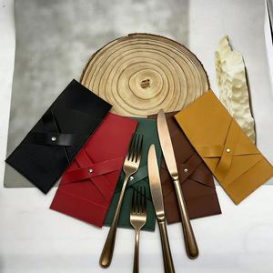PU Leather <b>Cutlery</b> <b>Storage</b> Bag Party Tableware Organization Kitchen Spoon Fork Holder with Sleeve Pouch - Product Image 5