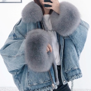 Áo khoác denim nữ phong cách mùa đông, viền lông cáo, áo khoác ngoài lót lông thỏ Rex, áo khoác nữ - Product Image 6