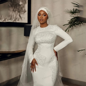 Robes <span class=keywords><strong>de</strong></span> mariée sirène Aso Ebi 2025, col rond perlé, Vestidos <span class=keywords><strong>De</strong></span> Novia, manches longues, <span class=keywords><strong>robe</strong></span> <span class=keywords><strong>de</strong></span> mariée <span class=keywords><strong>de</strong></span> luxe, femmes africaines, sur mesure - Product Image 2