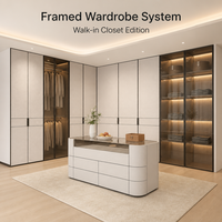 Armoire en cuir avec îlot central, portes en aluminium stratifié effet cuir, cadre de lit de luxe, armoire à six portes avec volets