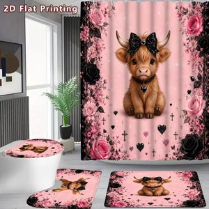 Cortina de Ducha de Poliéster con Diseño de Rosas Rosadas y Lazo de Vaca, Cortina de Baño con Impresión Digital Impermeable, Juego de Cortinas de Ducha con Impresión Personalizada al por Mayor - Product Image 1