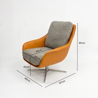 Fauteuil lounge pivotant en cuir avec accoudoirs en forme d'ailes |   Fauteuil pivotant à base croisée 4 étoiles en cuir orange et tweed gris
