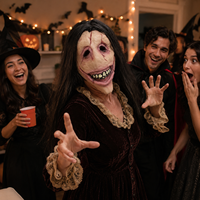 Masque intégral en latex femme souriante effrayante avec cheveux longs – Drôle et amusant pour Halloween, Pâques, cosplay, mascarade et fêtes à thème
