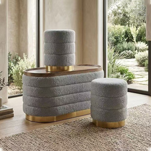 Modern Luxury Boucl&eacute; Pleated Stool Set with Wood Top Round Ribbed Ottoman Gold Base Long <strong>Bench</strong> for Living Room Bedroom Furniture - Product Image 2