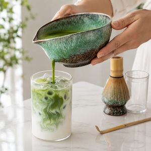 4 Piece Oval Emerald Reactive Glaze Porcelain Matcha Tea Set Japanese Design Ceramic Pouring Bowl Bamboo Whisk Scoop Stand Gift - Product Image 3