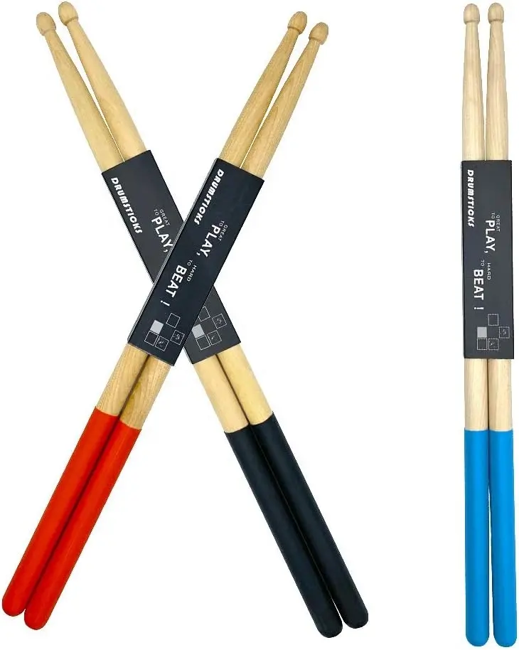 High Quality Wooden Drum Sticks with Non-Slip Rubber Handle, 5A Maple Drumsticks with Black Red Blue Green Anti Slip