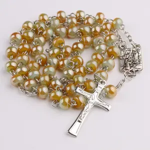 New Customized Religious Jewelry Items Catholic Virgin Mary Chain Cross Rosary Necklace 8mm Gravel Beads Prayer Beads Glass
