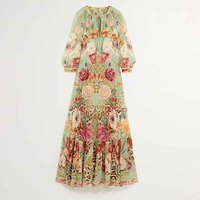 Nouvelle robe maxi pour femmes tendance, ample, à imprimé élégant, style vintage, à lacets, col en V, à volants, bohème, ornée de dentelle, en soie