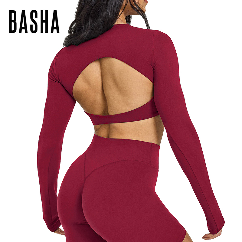 Lightweight Fitness Shirts with Open Back Design and Built in Bras Long Sleeved Breathable Women's Yoga Exercises