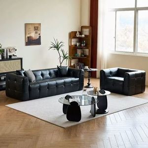 Minimalist Black Leather <b>Sofa</b> Straight Shape Tufted Design For Living Room - Product Image 2