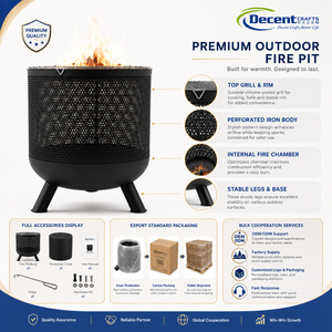 Brasero Portátil de Hierro para Exteriores, Negro Mate, Cilíndrico, con Cuerpo Perforado, Tazón Curvo Sólido y 3 Patas - Product Image 5