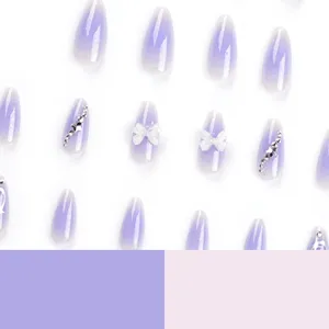 <span class=keywords><strong>Faux</strong></span> ongles Y2K amande mi-longs à rayures argentées, à presser, avec décoration étoiles et diamants, pointes violettes pour doigts - Product Image 6