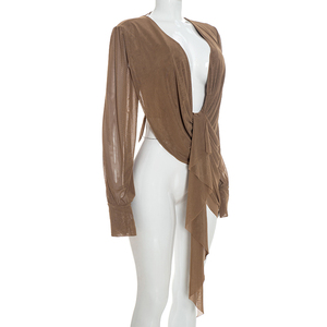 Viviblook Q26TP135 Blusa para mujer con cuello en V profundo, plisada, de color sólido, manga larga, sin espalda, sexy, ajustada, informal - Product Image 2