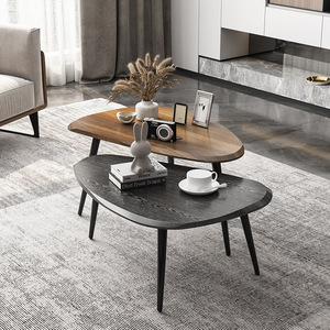Creative Living Room <b>Coffee</b> <b>Table</b> Set Irregular Shape Nordic Minimalist Wood Top <b>Walnut</b> Black Stone Texture Small Size - Product Image 1