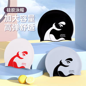 หมวกว่ายน้ำซิลิโคน Jiehu ไซส์ใหญ่ ยืดหยุ่นได้ สำหรับผู้ใหญ่ ชาย หญิง ผมยาว หมวกดำน้ำลายพิมพ์ - Product Image 1