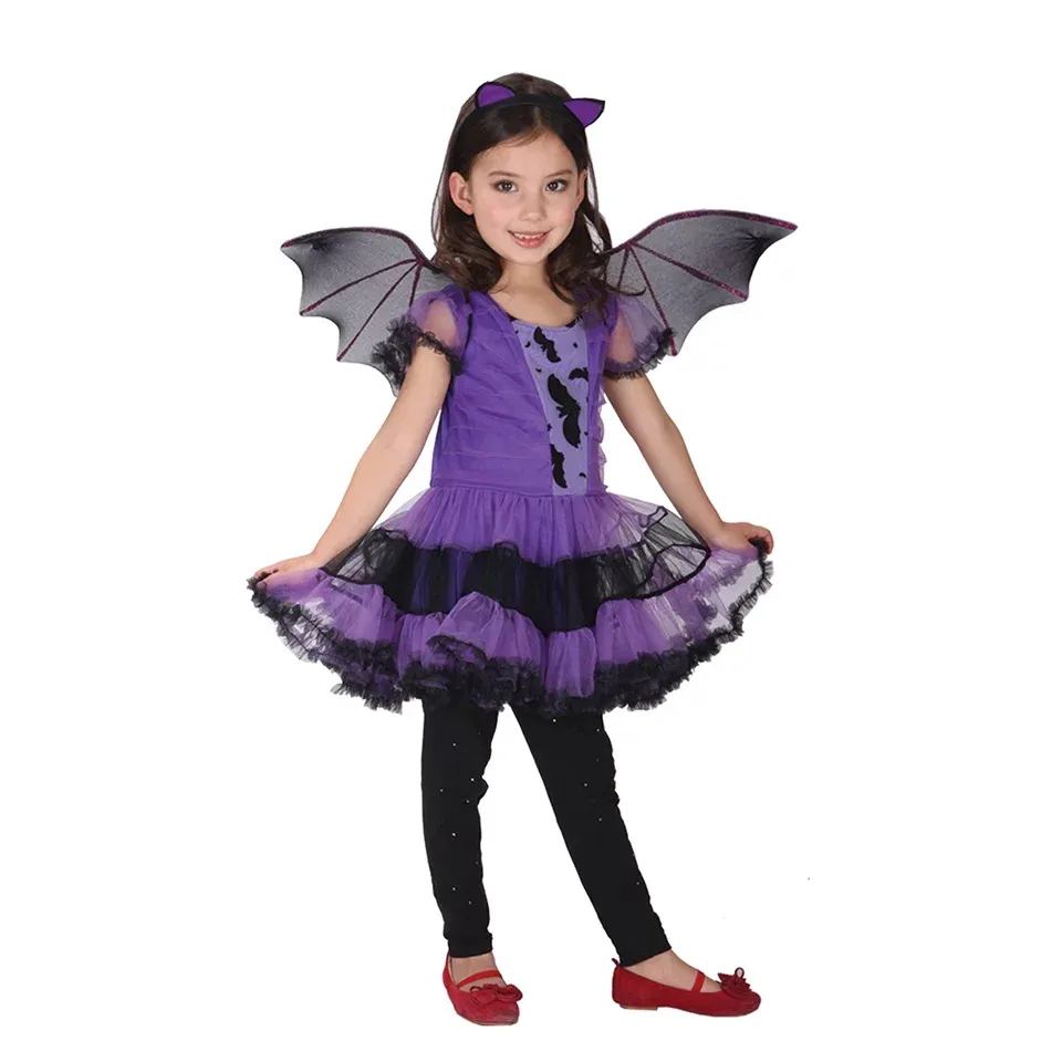 Kids Purple Witch Dress Up Set Halloween Costume Tutu Fancy Dress With Headbands and Wings Party Prom Cute Wizard Dress for Girl
