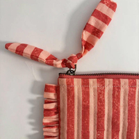 OEM Maßgefertigte Rot Gestreifte Rüschen-Organizer-Tasche Vintage Fransen Make-up-Beutel Niedliche Baumwoll-Handgelenktasche Kosmetiktasche für Frauen