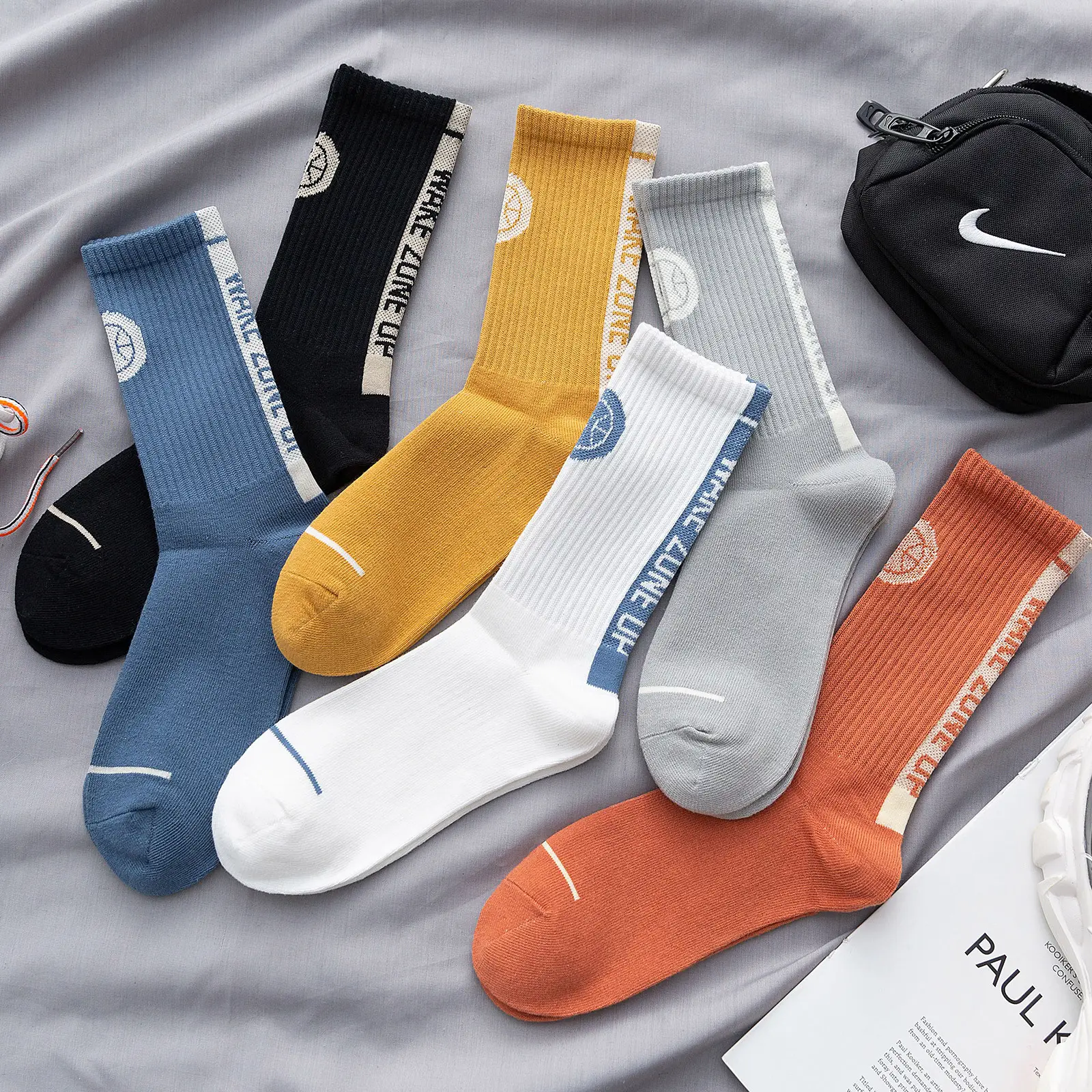 Yeni tasarım şık USA örme % 100% organik pamuk çorap logosu ismarlama oem kendi markalı harfler ekip büyük özel çoraplar