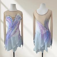 Robe de patinage et de danse pour enfants et adultes, dégradé bleu-violet, maille nude, manches longues, dos ondulé orné de strass, pour spectacle et compétition de patinage artistique