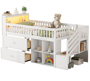 Lit mezzanine moderne réglable pour deux personnes avec étagère LED, tiroirs de rangement et escalier, cadre en bois écologique - Product Image 6